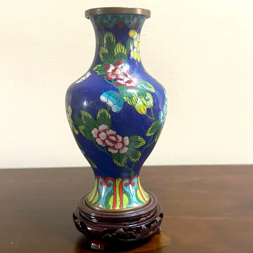 Vintage Blue Cloisonné Floral Vase with Carved Wood Base - Picture 1 of 11